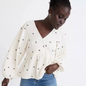 MADEWELL EMBROIDERED BOW WOVEN PEPLUM WRAP TOP